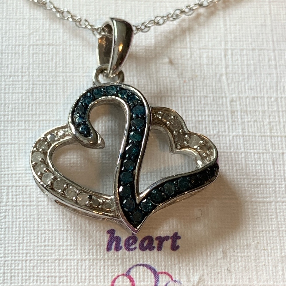 Sterling Silver and Blue Heart Pendant Genuine Diamonds Lab Created Sapphires